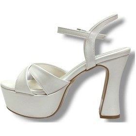Resim Defne 787-26 Sedef Beyazı Çapraz Aynalı 30mm Platform Topuk Kadın Sandalet 12cm Krem 