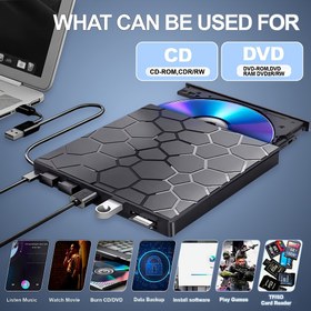 Resim Taşınabilir CD/DVD Sürücü, 8 Fonksiyonlu, USB 3.0 Uyumlu, Dizüstü Bilgisayarlar İçin İnce Tasarım, DVD Çalma ve Yazma İçin, Dizüstü Bilgisayarlar, Masaüstü Bilgisayarlar, Macs ve Çeşitli Windows ve Linux Sürümleri İçin Çalışır, CD'ler ve DVD'ler Okuma ve Yazma Yönetebilir. 