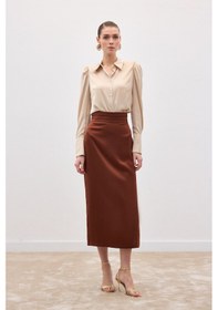 Resim Sateen Bel Pile Detaylı Saten Etek - Kahve-136548 Kahve 