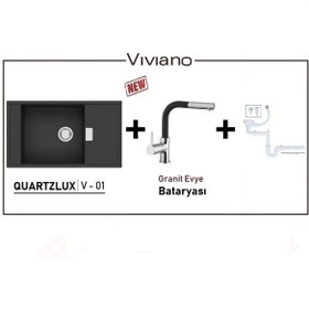 Resim Vıvıano | | 1 Göz 50 X 86 Cm Xxl Metalik Siyah Granit Evye + Spiralli Batarya + Bağlantı Hortumları 