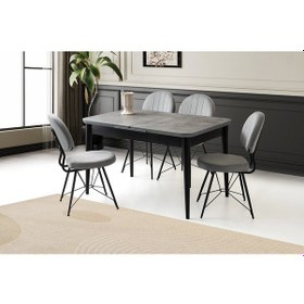 Resim Ortadan Açılır Büyüyen 70x120cm Gümüş Gri Ahşap Salon Yemek Masa Gri Sandalye Takımı 4 Sandalyeli Gri 