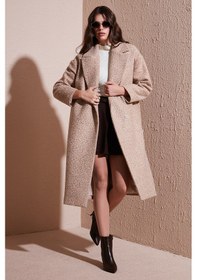 Resim Lela Oversize Fit Mono Yaka Düğmeli Buklet Uzun Kaşe Bayan Kaban 6810236 Bej 