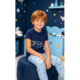 Resim NiCe İç Giyim Uzay Temalı Lacivert & Açık Mavi Renk Bisiklet Yaka Pamuk Penye Erkek Çocuk Pijama Takım 