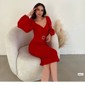 Resim Defymoda Kadın Kalp Yaka Sırt Dekolteli Kemer Toka Detay Midi Boy Elbise Kırmızı 