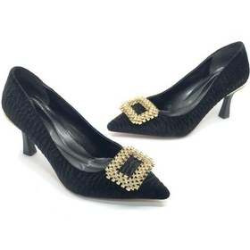 Resim Feles Kadife Taş Toka Detaylı Stiletto Kadın Topuklu Ayakkabı Siyah 