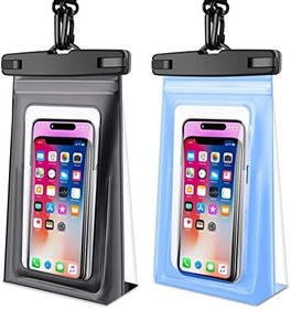 Resim Su Geçirmez Telefon Kılıfı Yüzer, 2 Paket Büyük Su Geçirmez Cep Telefonu Kuru Çanta Kılıf iPhone 14 13 12 11 Pro Max XS XR X Galaxy S21 için 7 inçe kadar PVC IPX8 Sualtı HD Dokunmatik Telefon Koruyucu (Siyah) + Mavi) 