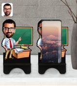 Resim Bk Gift Kişiye Özel Erkek Öğretmen Karikatürlü Ahşap Biblo Telefon Standı-1 