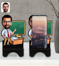 Resim Bk Gift Kişiye Özel Erkek Öğretmen Karikatürlü Ahşap Biblo Telefon Standı-1 