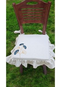 Resim El Yapımı Buldan Yıkanmıs Keten Ginkgo Yaprağı Nakıslı Fırfırlı Sandalye Minderi Naturel 