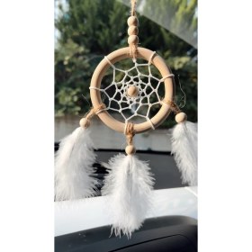 Resim Doğal Ahşap El Yapımı Araba Süsü Rüya Kapanı | Düş Kapanı | Dikiz Ayna Süsü | Dreamcatcher | 9 cm 