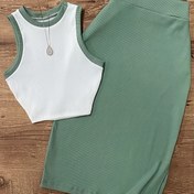 Resim Kadın Kolsuz Üst ve Etek Takımı - Rahat, Düz Renk, Yuvarlak Yaka, Polyester, Bahar/Sonbahar Modası, Rahat Giyim|Kolsuz Üst|Polyester Kumaş 