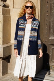 Resim Desen Kadın Midi Oversize Desenli Kaban - Vintage Tarz - Lacivert / S 