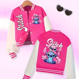 Resim Disney Stitch Kızlar Için Hafif Mor Beyzbol Ceketi - Kalplerle Sevimli Karikatür Tasarımı, Yumuşak Sıcak Kumaş, Uzun Kollu, Rahat Okul Üniforması ve Eğlenceli Dış Mekan Ceketi, Disney Ceketi, Eğlenceli Çocuk Modası, Rahat Uygun 
