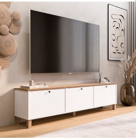 Resim Robin Home Alaska Tv Ünitesi Sehpası 3 Kapaklı Ahşap Ayaklı 180cm Sepet-beyaz Beyaz 