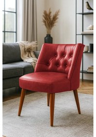 Resim Waterybrook Berjer Sandalye - Kapitoneli Suni Deri - Ceviz Ahşap Ayaklı - Retro Modern Tasarım Kırmızı 