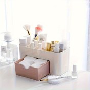 Resim Renk bloklu çekmeceli kozmetik organizatör, hafif plastik malzemeden yapılmış. Masa veya banyo depolama için uygun, bej ve pembe bölmeleriyle fırçalar, far paletleri, rujlar ve aksesuarları saklamak için ideal. Kadınlar için harika hediye seçeneği, 8 farklı senaryoya uygundur, 5 farklı duruma uygun 