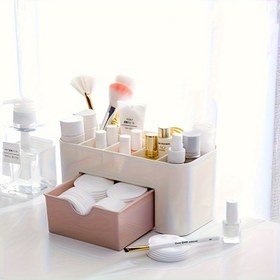 Resim Renk bloklu çekmeceli kozmetik organizatör, hafif plastik malzemeden yapılmış. Masa veya banyo depolama için uygun, bej ve pembe bölmeleriyle fırçalar, far paletleri, rujlar ve aksesuarları saklamak için ideal. Kadınlar için harika hediye seçeneği, 8 farklı senaryoya uygundur, 5 farklı duruma uygun 