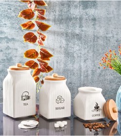 Resim İLİVA 3' Lü Vakumlu Ahşap Kapaklı Beyaz Kavanoz Seti Takımı Baharat Çay Tuz Şeker Kahve Kavanozu 
