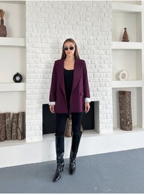 Resim Femistik Kadın Cep Detaylı Düğmesiz Premium Blazer Mürdüm Ceket 
