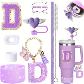 Resim 8 adet Mor Silikon Bardak Aksesuar Seti - Kapak Üstleri, Bot Kılıfları, Sıçrama Koruyucuları, Kolu Süslemeleri, Alfabe Sticker'ları, Parıltılı Pipet ve Pipet Fırçası Dahil - Parti Süsleri | Eğlenceli Tasarım | Silikon Malzeme 