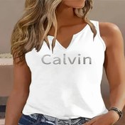 Resim Calvin Yazılı Kadınlar için Rahat Kolsuz V-Yaka Tank Top - Hafif Esnek Kumaş, Makinede Yıkanabilir, Her Mevsim Giyilebilir, Bayanlar İçin Tank Üstler, Çift V-yaka, Şeffaf Olmayan Malzeme 
