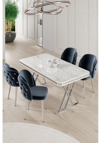 Resim Canisa Rigel Serisi 80x130 Lak Panel Beyaz Mermer Desen Masa Takımı Krom Ayaklı 4 Antrasit Sandalye Masa Beyaz Mermer Desen Sandalye Antrasit 