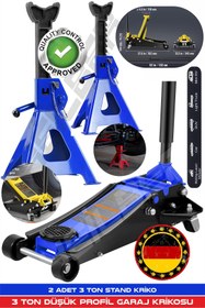 Resim HEİLBER ALMAN 3 TON MAVİ ÇİFT PİSTONLU DÜŞÜK PROFİL GARAJ ZEMİN KRİKOSU + 2 ADET 3 TON TUTUCU STAND KRİKO 