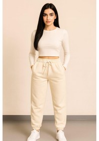 Resim Kadın 3 İplik Cepli Alt Eşofman Krem Krem 