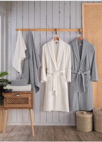 Resim Newhome Alfa 6 Parça Kutulu %100 Pamuk Lüx Aile Bornoz Seti Gri-krem Karışık 