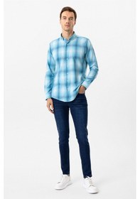 Resim Süvari Turkuaz Slim Fit Desenli Düğmeli Yaka Gömlek 