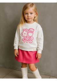 Resim Kız Çocuk Pamuklu Çiçek Desenli Sweatshirt-16337 Ekru 