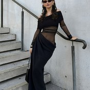 Resim Kadınlar İçin Seksi Omuz Açık Uzun Elbise - Şeffaf Mesh Detaylı Bodycon Gecelik, Siyah İlkbahar/Sonbahar Parti Elbisesi, Makinede Yıkanabilir, Şık Tasarım, Tek Omuzlu Desen, Zarif İşçilik 