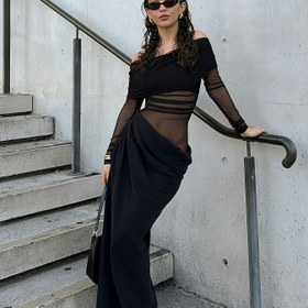 Resim Kadınlar İçin Seksi Omuz Açık Uzun Elbise - Şeffaf Mesh Detaylı Bodycon Gecelik, Siyah İlkbahar/Sonbahar Parti Elbisesi, Makinede Yıkanabilir, Şık Tasarım, Tek Omuzlu Desen, Zarif İşçilik 
