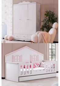 Resim Poli Çocuk Odası Takımı, Poli Yavrulu Karyola, Flower 3 Kapaklı Dolap - Pembe Renkli 