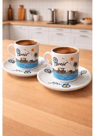 Resim 2'li İzmir Manzara Temalı Kahve Fincanı Seti - Baskılı Fincan Takımı Beyaz 