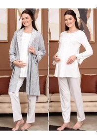 Resim Birolgaye Bone Club 5706 Ekru Jakarlı 3lü Hamile Lohusa Pijama Sabahlık Tk 