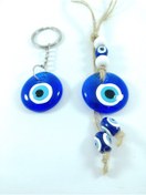 Resim Ennea Art Araba Dikiz Ayna Süsü El Boyama Cam Nazar Boncuğu + Anahtarlık El Yapımı Hediyelik İkili Set 