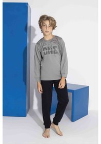 Resim Tarık 10-15 Yaş Erkek Çocuk One Baskılı İnterlok Pijama Takımı 4113320 - Füme Füme 
