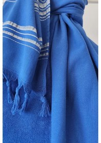 Resim Saks Mavi Çizgili Havlu Peştemal 90x170cm - Plaj Havlusu - %100 Pamuk Saks Mavi 