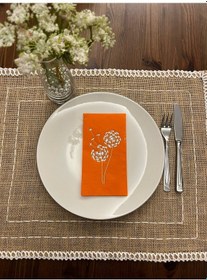 Resim Gümüş Yaldızlı Turuncu Hindiba Çiçeği Baskılı Garson Katlama Peçete 16 Adet 