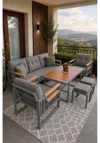 Resim Rovena Esinti Balkon Takımı, Gri Bahçe Takımı 5+1 Masa 70x110 3lü Koltuk 70x180 Tekli Koltuk 70x70 