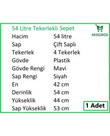 Resim Tekerlekli Plastik Market Alışveriş El Sepeti 54 Litre Mavi 1 Adet 