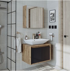 Resim ROOMART Tm7.2 Lavabolu Ahşap-antrasit Mdf 65 Cm Banyo Dolabı + Aynalı Banyo Üst Dolabı 