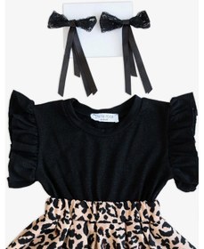 Resim Kız Bebek Leopar Kısa Kollu Fırfırlı Elbise Toka Takım Desenli-siyah Siyah 