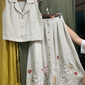 Resim Bayanlar Yaz Modası Zarif Yaka Nakışlı Düz Renk Polyester 95% Elastik 5% Takım 