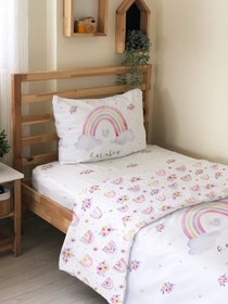 Resim Evmila Çiçekli Gökkuşağı Desenli Nevresim Takımı - 160x220cm Nevresim +50x70cm Yastık Kılıfı+90x190cm Çarşaf 