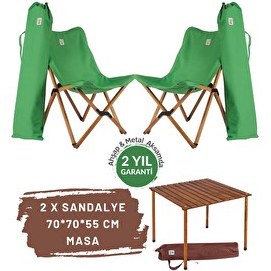 Resim Bag The Joy Kahverengi İskelet Yeşil Kılıf Sandalye ve 70x70x55 CM Kahverengi Ahşap Katlanır Masa Seti 