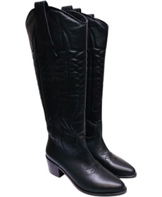 Resim DRY SHOES Hakiki Deri Siyah Kadın Çizme Ayakkabı Kısa Topuklu Yılan Desenli Bot Western Kovboy Binici X-7029 