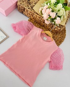 Resim Kız Çocuk Pembe Tül Balon Kollu Badi 