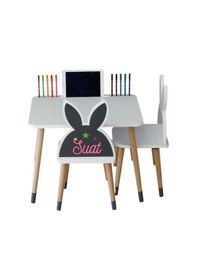 Resim Liva Ahşap Çocuk Aktivite Oyun 1 Masa 2 Sandalye Takımı 2-6 Yaş - Tavşanlı- Tablet Yeri Beyaz- Gri Ayaklar 